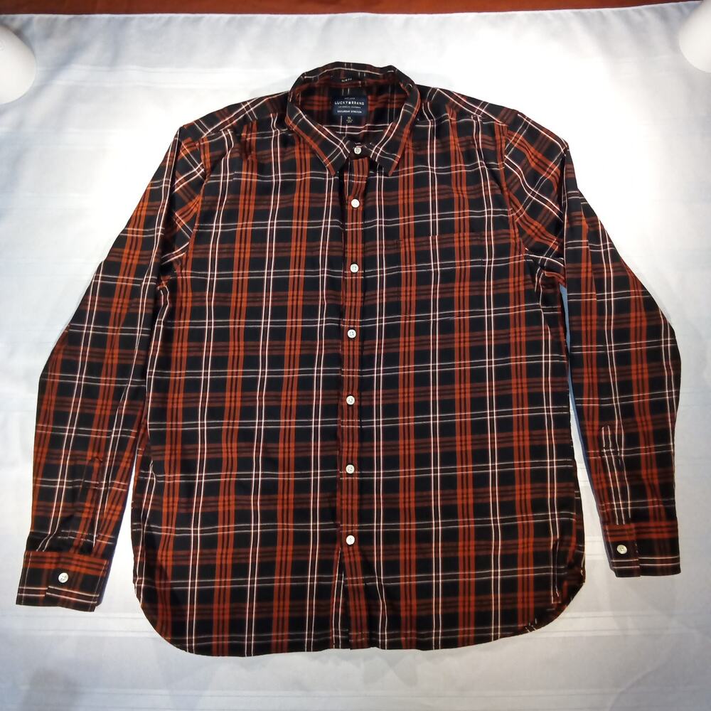 Lucky Brand Saturday Stretch Shirt Men‎ XL Slim Fit Red Black Plaid Button Up